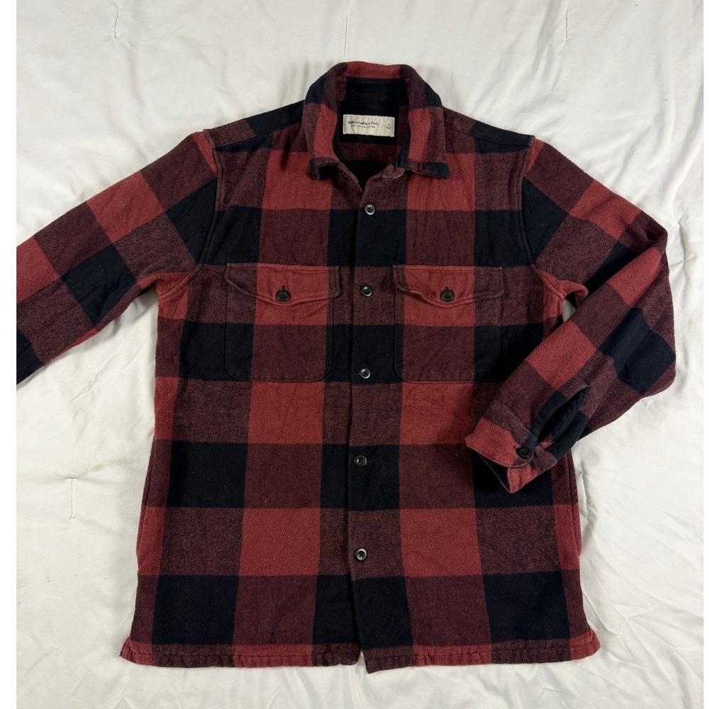 Abercrombie‎ & Fitch Mens Small Red Black Buffalo Plaid Flannel Shacket Grunge